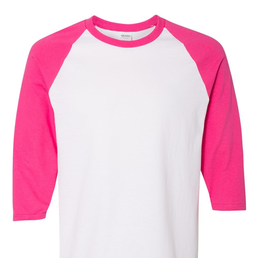 Gildan Raglan 3/4 sleeve t shirt. Color: White/Heliconia